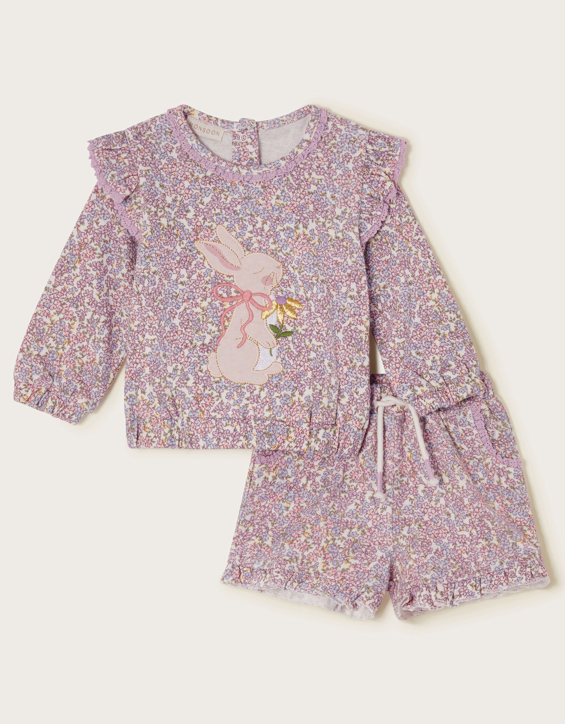 Bunny Applique Floral Sweatshirt and Shorts Set Purple