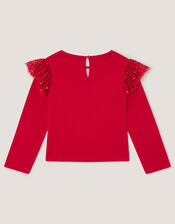 Sequin Christmas Long Sleeve Top, Red (RED), large