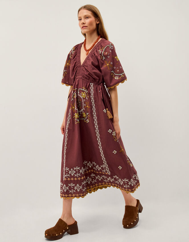 Greta Short Sleeve Embroidered Midi Dress Brown | Day Dresses | Monsoon UK.