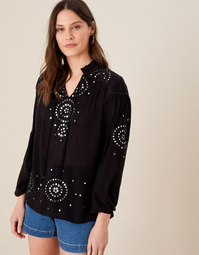 Mirrorwork Blouse in LENZING™ ECOVERO™, Black (BLACK), large