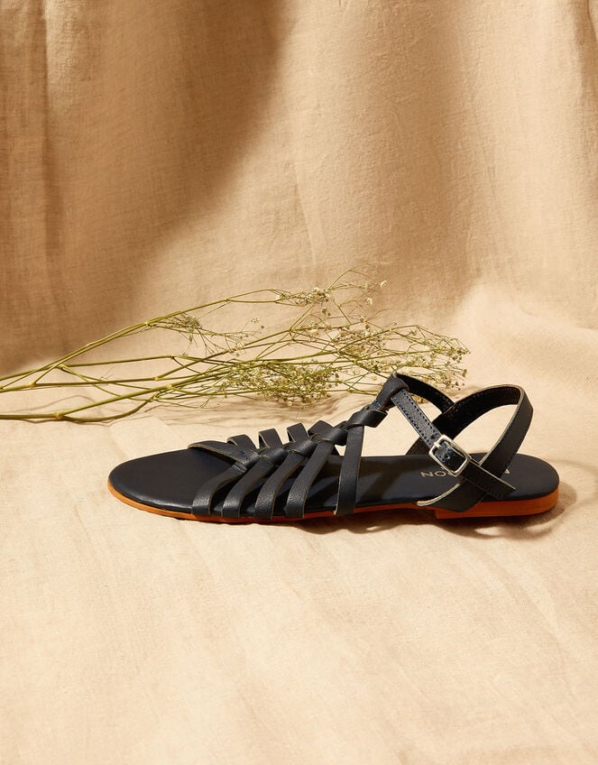 Leather Strap Sandals, Blue (NAVY), large
