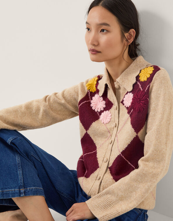 Ami Floral Argyle Collar Cardigan, Natural (NATURAL), large