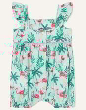 Baby Flamingo Print Romper in Linen Blend, Blue (AQUA), large