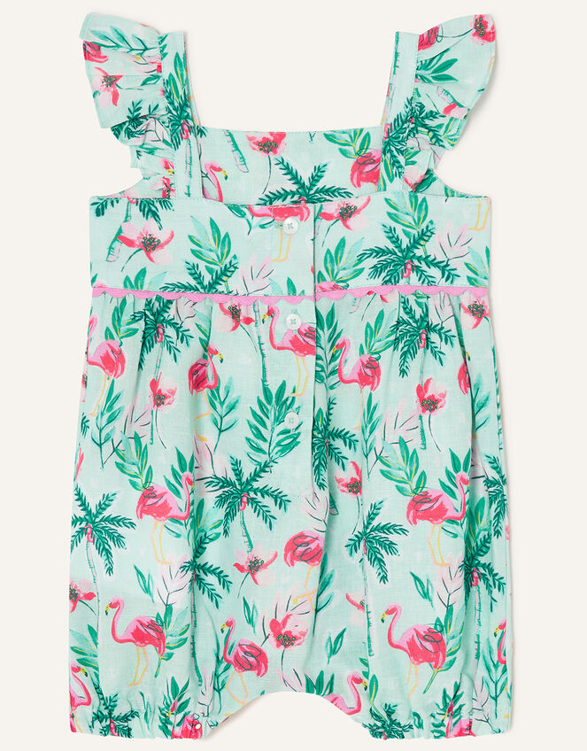 Baby Flamingo Print Romper in Linen Blend, Blue (AQUA), large