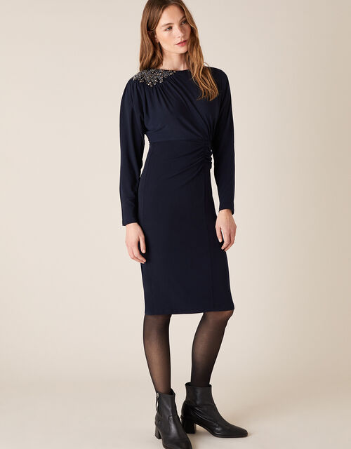 Danielle Beaded Shoulder Jersey Dress, Blue (NAVY), large