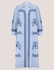 Marlowe Stripe Embroidered Midi Shirt Dress, Blue (BLUE), large