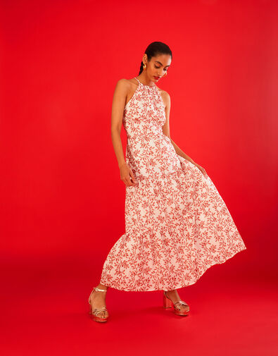 Halter Neck Embellished Maxi Dress, Red (RED), large