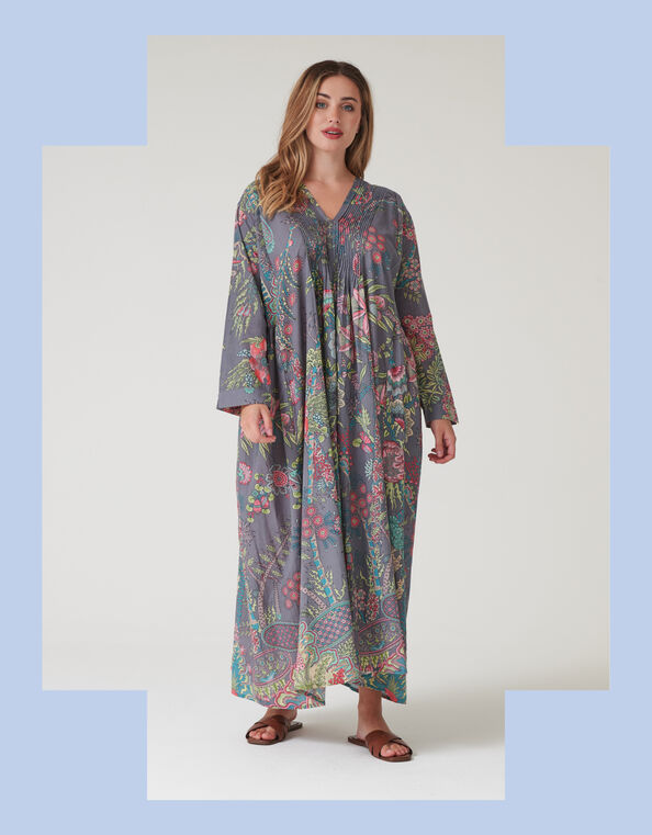 One Hundred Stars Boho Garden Print Maxi Dress, Grey (GREY), large