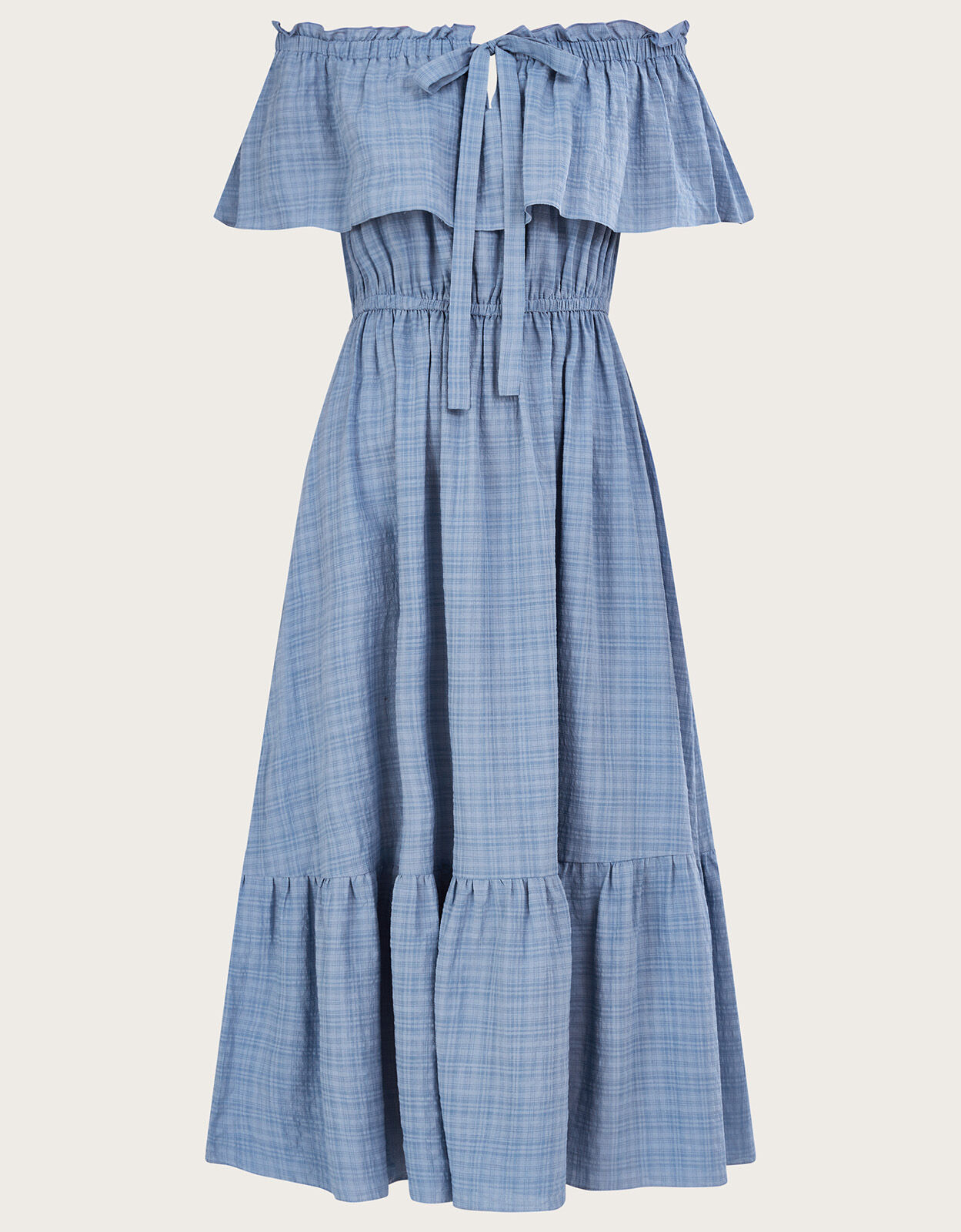 Check Jacquard Bardot Dress Blue