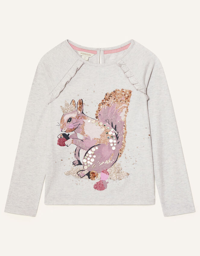 Glitter Squirrel Long Sleeve Top, Grey (GREY), large