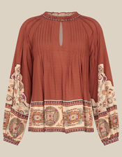 Alexandra Floral Pintuck Blouse, Brown (BROWN), large