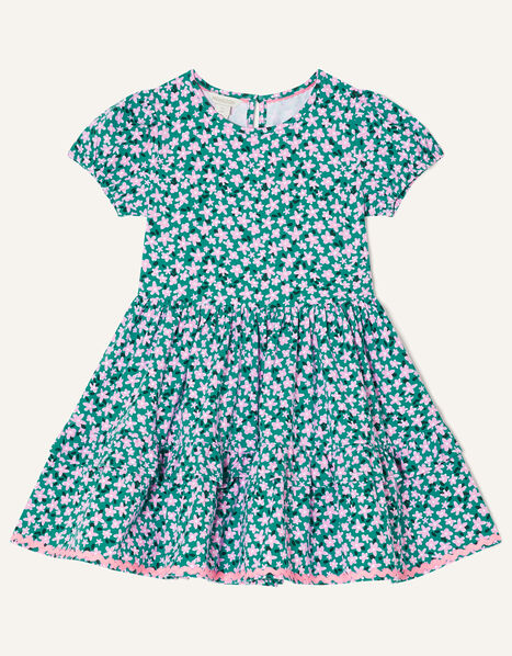Ditsy Tiered Short Sleeve Jersey Dress Green, Green (GREEN), large