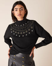 Embellished Yoke Knit Jumper, Black (BLACK), large