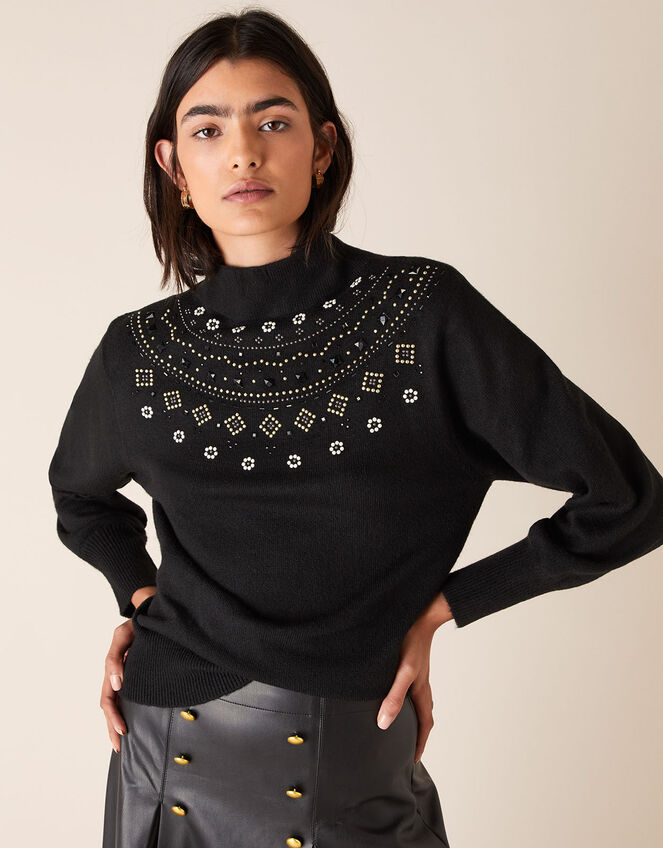 Embellished Yoke Knit Jumper, Black (BLACK), large