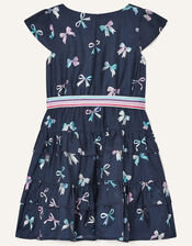 Foil Bow Print Dress with Recycled Polyester, Blue (NAVY), large