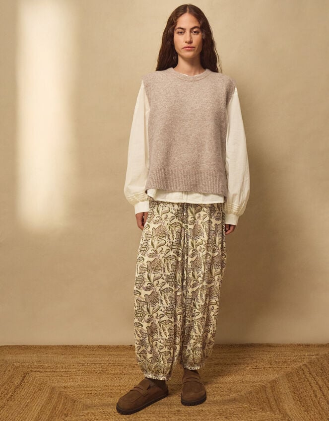 East Odette Hand-Woodblock Print Balloon Trousers, Cream (CREAM), large