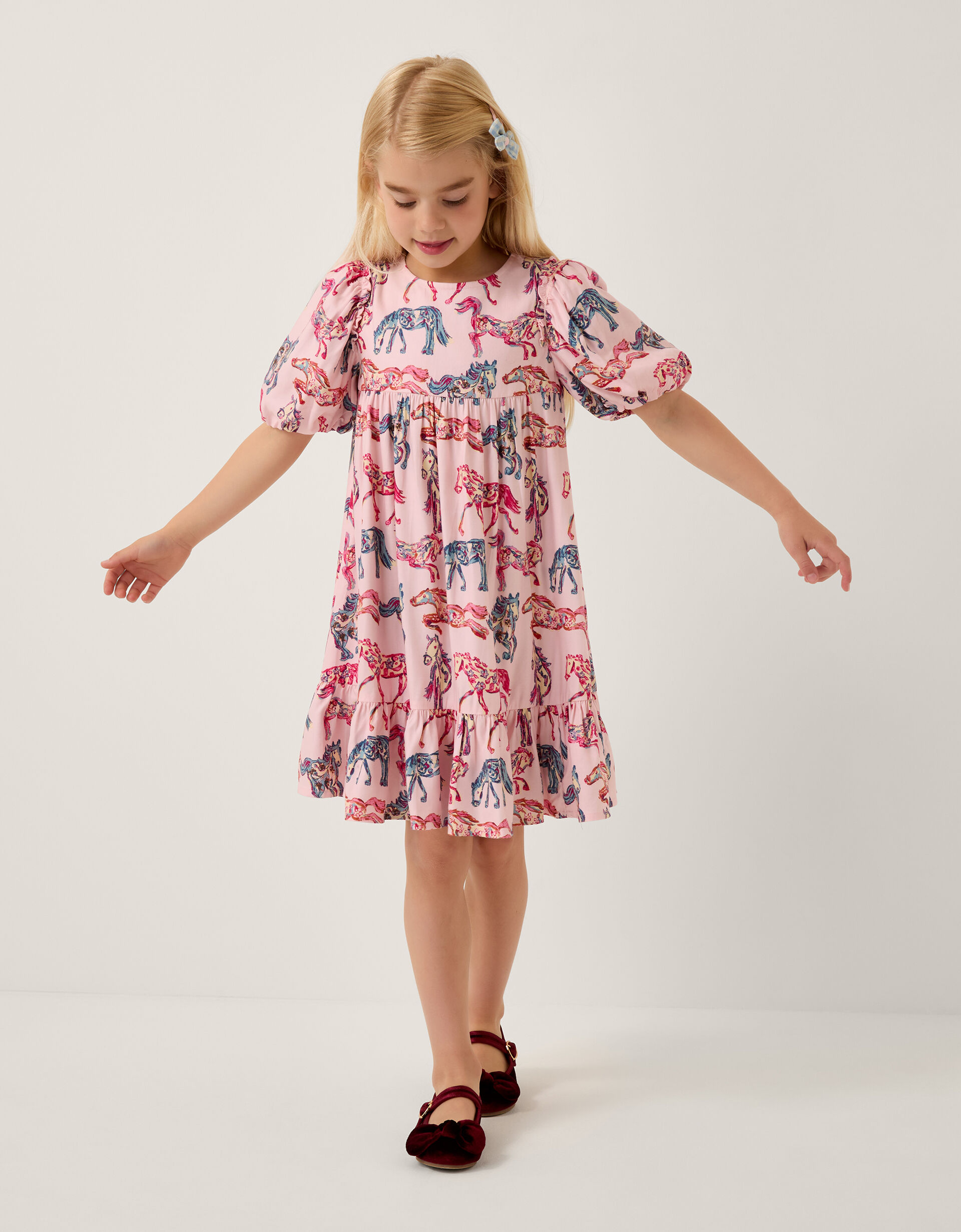Horse Print Puff Sleeve Dress Pink
