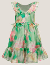 Blurry Floral Organza Ruffle Dress, Green (GREEN), large