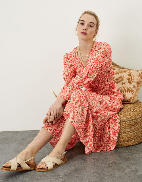 Paisley Print Maxi Wrap Dress, Orange (CORAL), large