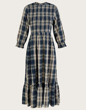 Check Shirred Seersucker Dress in Sustainable Cotton, Blue (NAVY), large