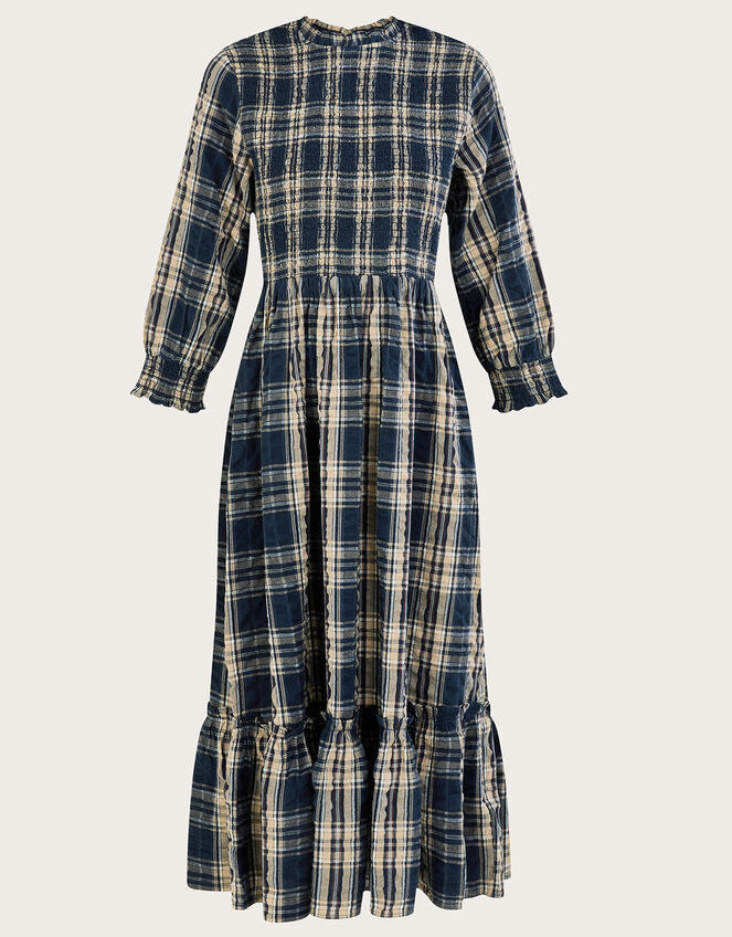 Check Shirred Seersucker Dress in Sustainable Cotton, Blue (NAVY), large