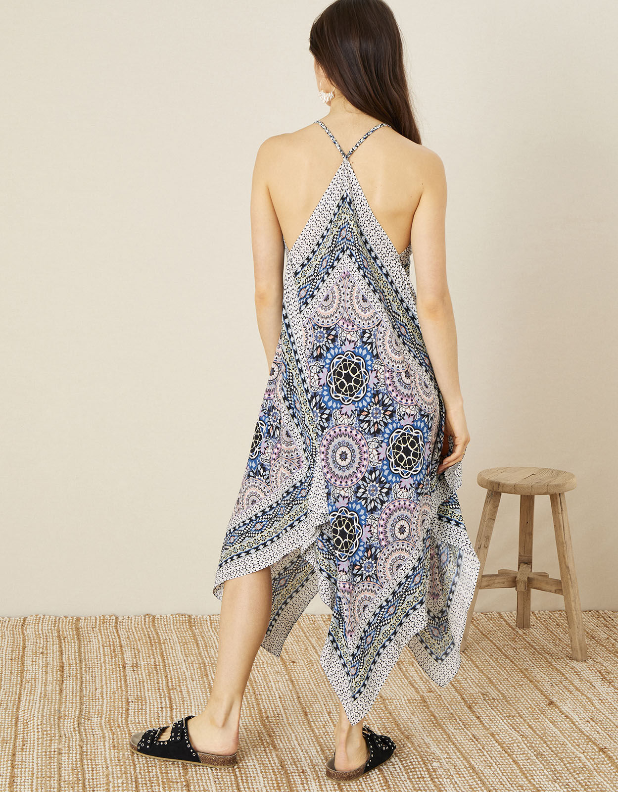 Geometric Print Hanky Hem Dress Blue