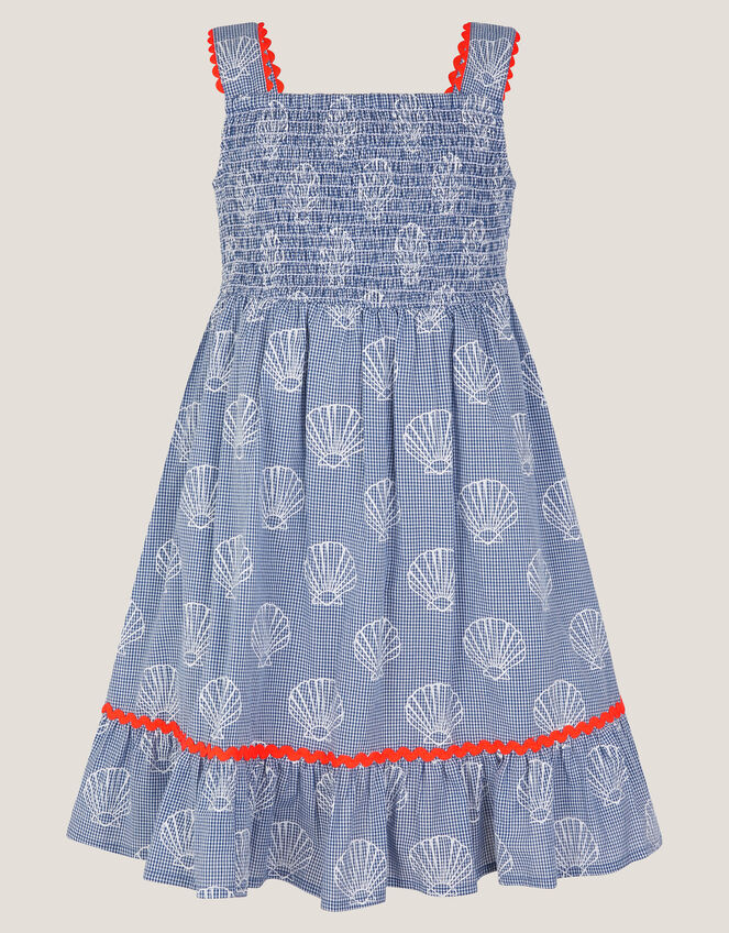 Shell Print Gingham Dress, Blue (BLUE), large