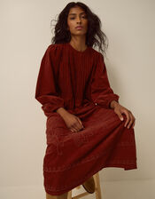 Joyce Embroidered Corduroy Midi Dress, Cognac (COGNAC), large