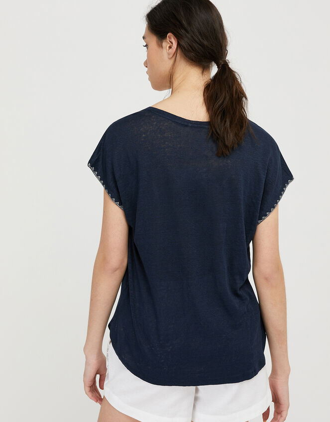 Liza Metallic Stitching T-shirt in Pure Linen, Blue (NAVY), large