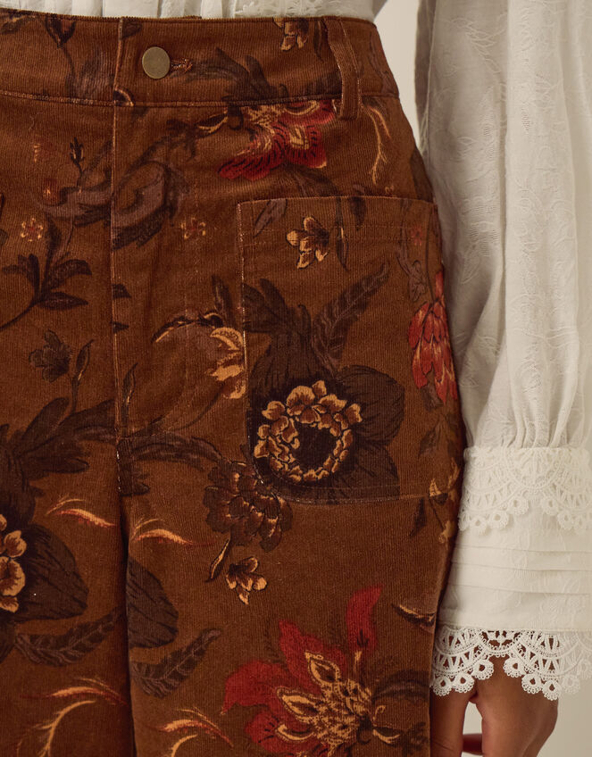 Princella High Waisted Cropped Floral Corduroy Trousers, Brown (BROWN), large