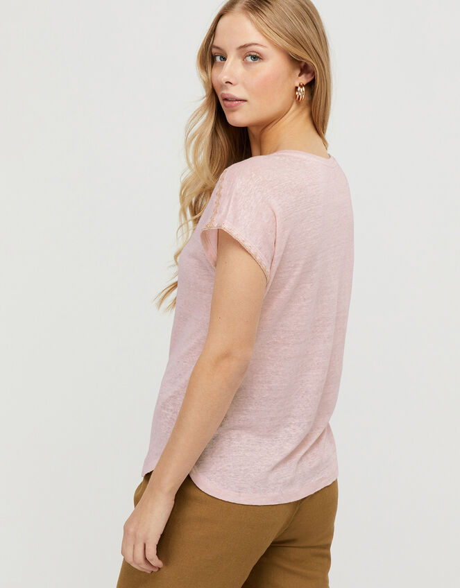 Liza Metallic Stitching T-shirt in Pure Linen, Pink (BLUSH), large