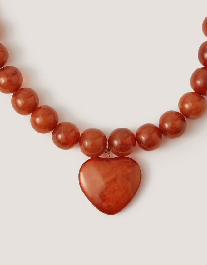 Heart Resin Beaded Necklace, Orange (AMBER), large