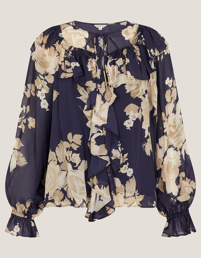 Sasha Floral Print Ruffle Blouse Blue