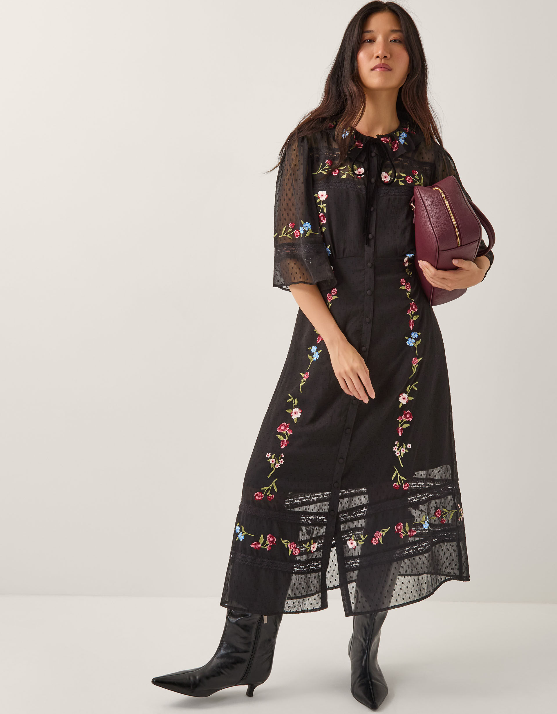 Alyssa Floral Embroidered Lace Midi Dress Black
