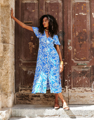 Florence Leaf Print Tea Dress in Sustainable Viscose, Blue (BLUE), large