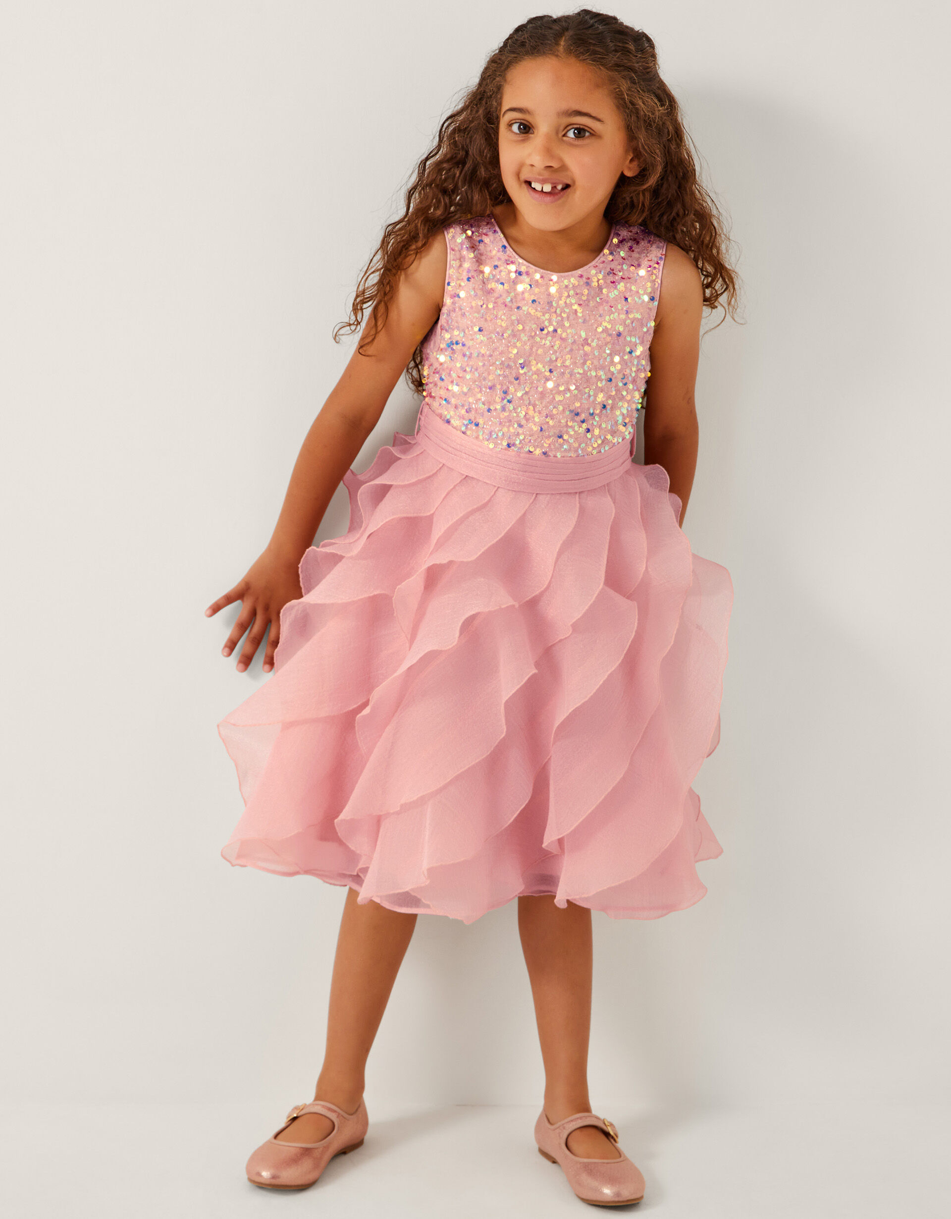 Sequin Waterfall Ruffle Party Dress Pink