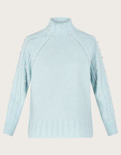 Pearl High Neck Cable Knit Jumper, Blue (BLUE), large