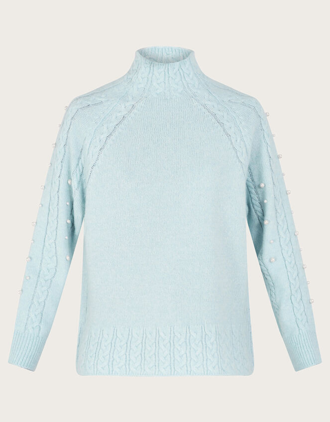 Pearl High Neck Cable Knit Jumper, Blue (BLUE), large