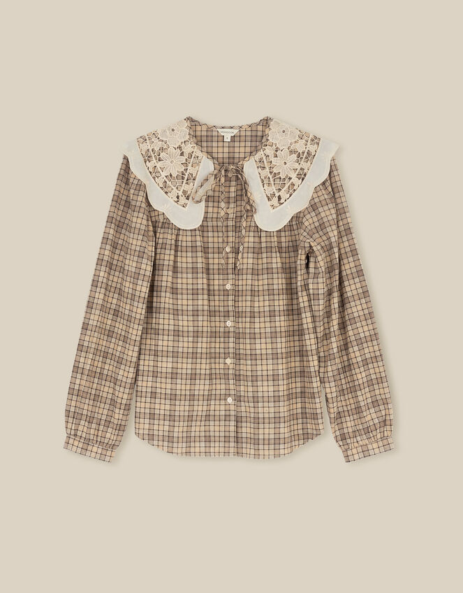 Thea Lace Collar Check Shirt, Brown (BROWN), large