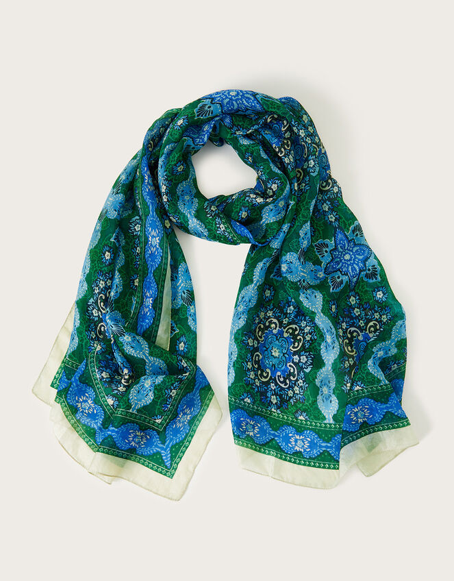 Floral Silk Beach Scarf, Green (GREEN), large