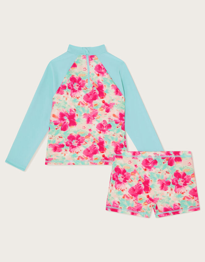 Tropical Floral Long Sleeve Swim Top and Shorts Set, Blue (TURQUOISE), large