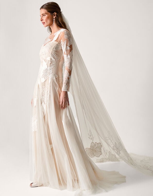 Milena Long Sleeve Floral Embroidered Mesh Wedding Dress, Ivory (IVORY), large