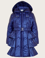 Shimmer Ruffle Hem Padded Coat, Blue (BLUE), large