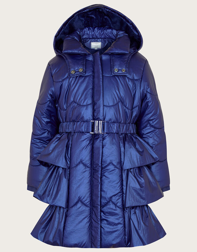 Shimmer Ruffle Hem Padded Coat, Blue (BLUE), large