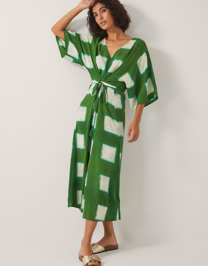 Halia Geometric Tie Dye Kaftan Dress, Green (GREEN), large