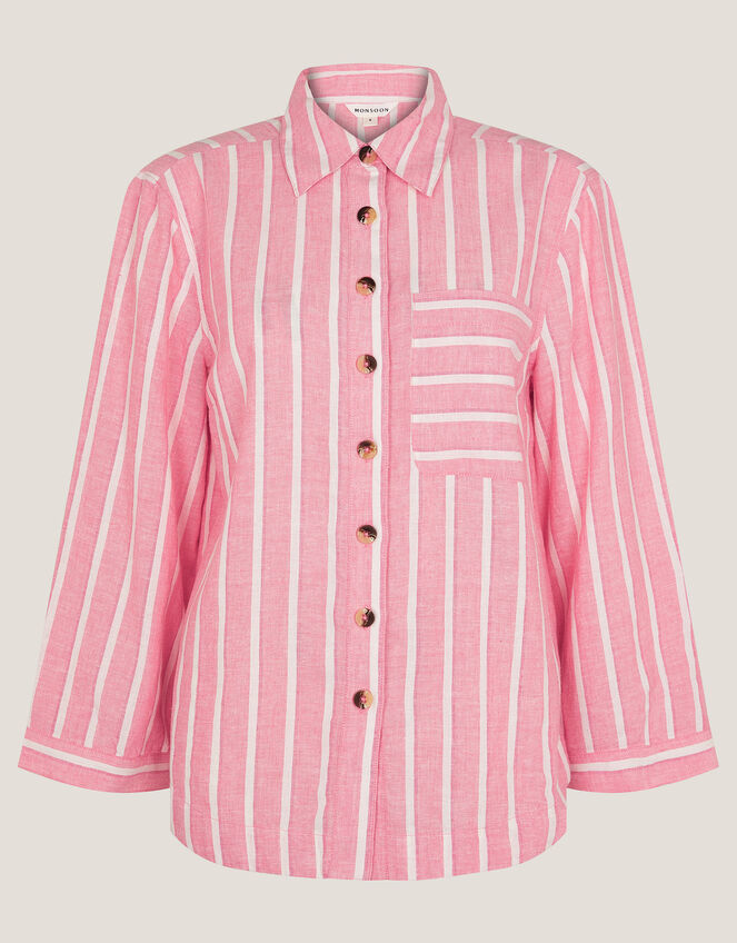 Tyra Linen-Blend Stripe Shirt, Pink (PINK), large