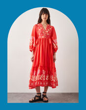 East Melba Print Long Sleeve Midi Dress, Orange (CORAL), large