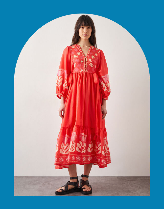 East Melba Print Long Sleeve Midi Dress, Orange (CORAL), large