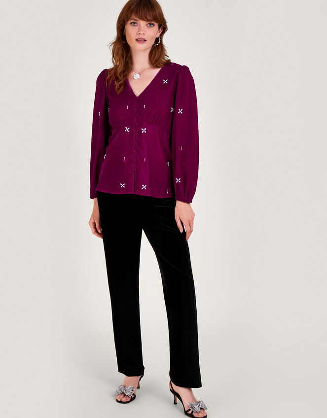Carola Embellished Velvet Blouse, Pink (PINK), large