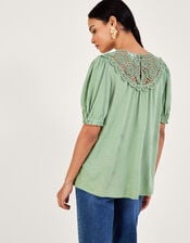 Crochet Frill Sleeve Top in Linen Blend, Green (KHAKI), large
